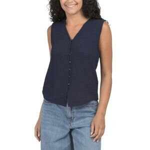 MODERN WORKS Maritime Blue Organic Textured V-neck Button Front Vest Top
